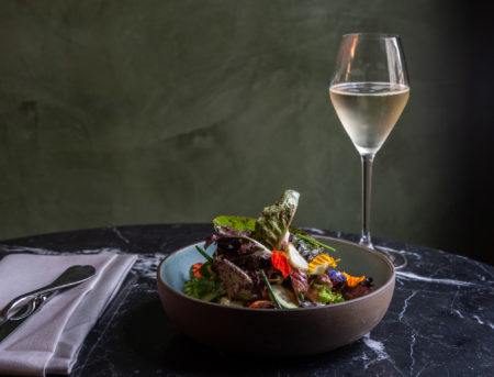Seasonal salad and sparkling wine