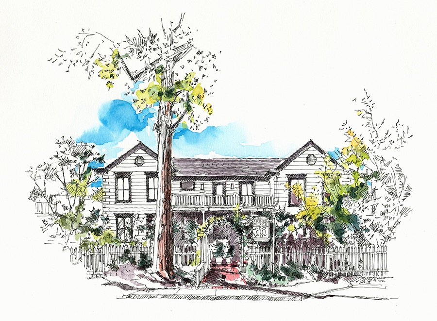 Burris House Main Entrance illustrated by Rachel Siegel